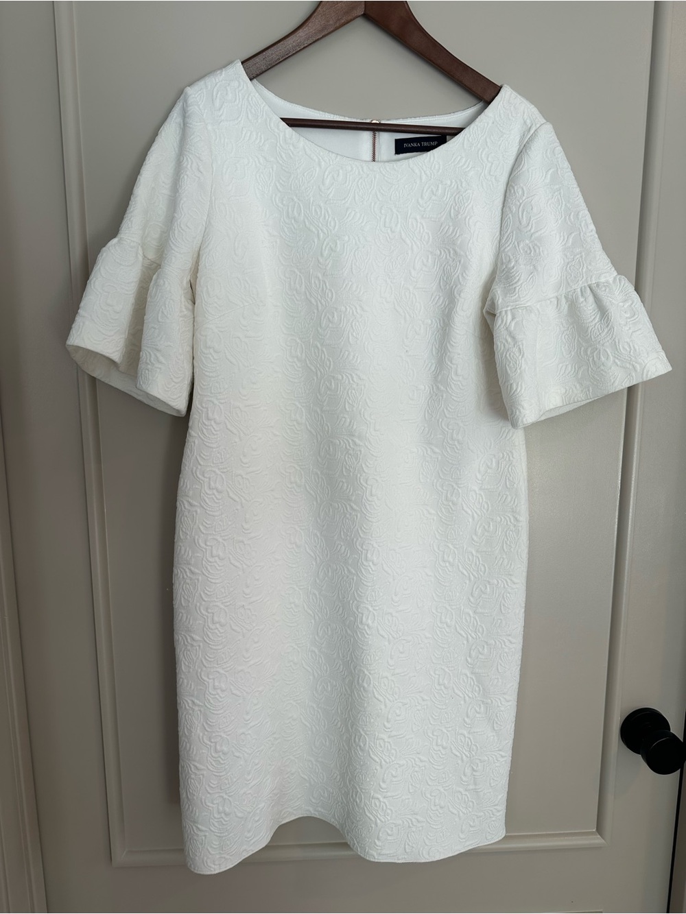 White Textured Shift Dress with Ruffle Sleeves